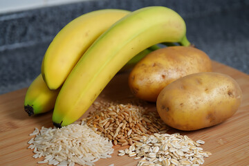 Variety of Everyday Staples: Bananas, Potatoes, Rice, and Quinoa on a Wooden Surface