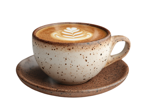 Capturing artisan coffee cup with latte art in cozy setting. Isolated on transparent background, png.