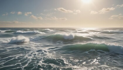 Fototapeta premium Sunlit ocean surface with dynamic whitecaps and rolling waves , foam, surf, day
