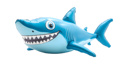 Smiling blue inflatable shark toy with cartoon eyes and sharp teeth