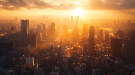 Fototapeta premium Golden hour cityscape sunrise urban skyline aerial view atmospheric inspirational