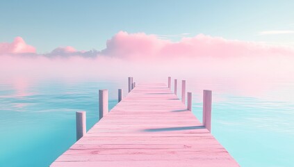 Obraz premium Pastel-hued wooden pier stretching to a sky of soft pink clouds over a tranquil teal sea
