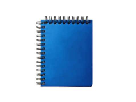 Writing notes in a blue spiral notebook home office minimalist style. Isolated on transparent background, png.