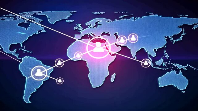 Digital world map displaying interconnected people icons globally, with Africa highlighted as a central network hub