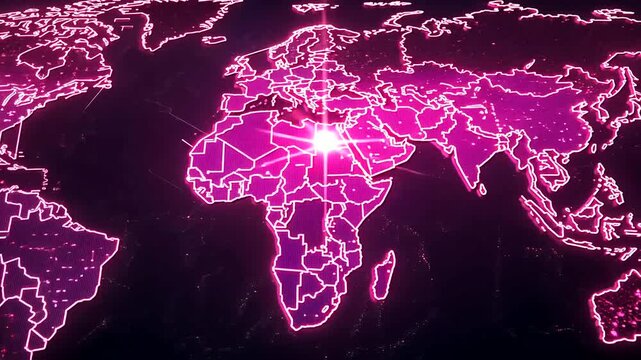 A stylized world map with continents outlined in glowing pink neon lines on a dark background. A bright flare shines from MENA