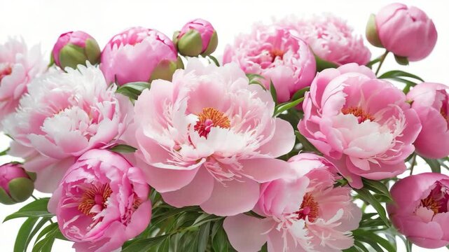 Stunning peonies set on a white surface. Pink flowers alone.