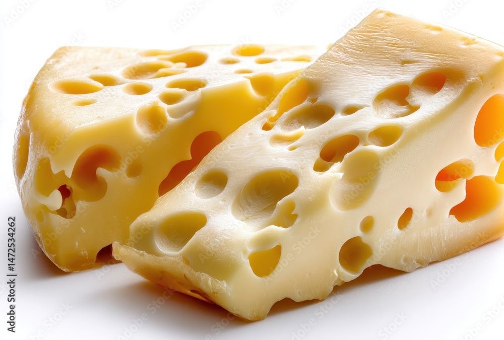 Poster close-up view of holes in sliced cheese block with creamy texture and yellow color ideal for culinar