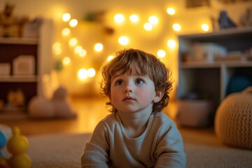 Thoughtful young child gazes upward surrounded by soft, warm light in cozy indoor setting
