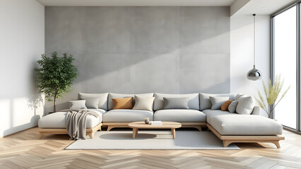 Modern living room with large sectional sofa and natural light, cozy cushions, wooden coffee table, and indoor plants creating calm atmosphere