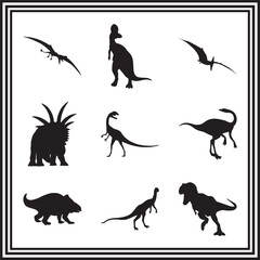 Diverse Dinosaur Silhouette Collection – Prehistoric Vector Icons with Flying Reptiles, Horned and Bipedal Dinosaurs