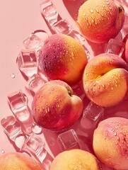 Fresh peaches glistening with water droplets amidst melting ice cubes on a pink surface under bright sunlight.