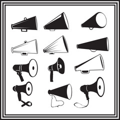 Megaphone Silhouette and Outline Set – Bullhorn Vector Icons for Announcements, Marketing, and Protest Designs