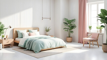 Fototapeta premium Modern bedroom with pastel bedding and natural wood furniture, bright sunlight and green plants create calm and cozy atmosphere