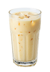 Refreshing drink with ice, a creamy texture, and orange garnish in a tall glass