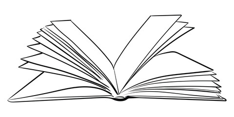 Open book hand drawn on transparent background. Vector image drawn with black lines. Template for Back to school and knowledge day.