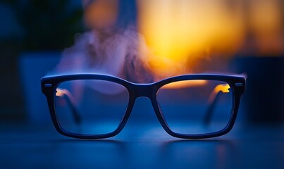 Close-up shot of eyeglasses with atmospheric fog effect and blurry background