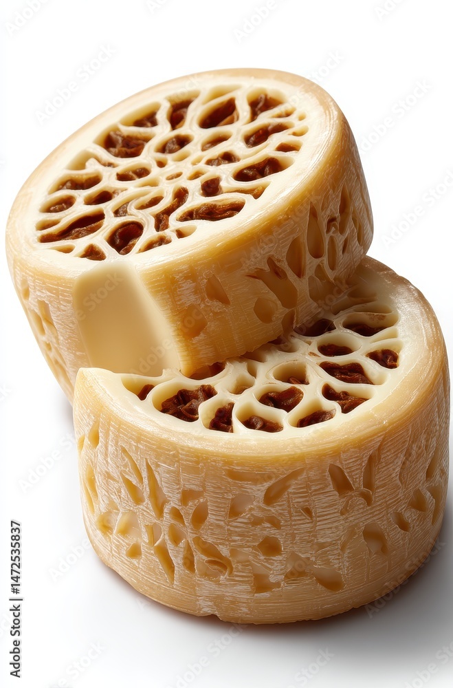 Poster close-up view of unique natural cheese with intricate patterns on surface, showcasing texture and sh