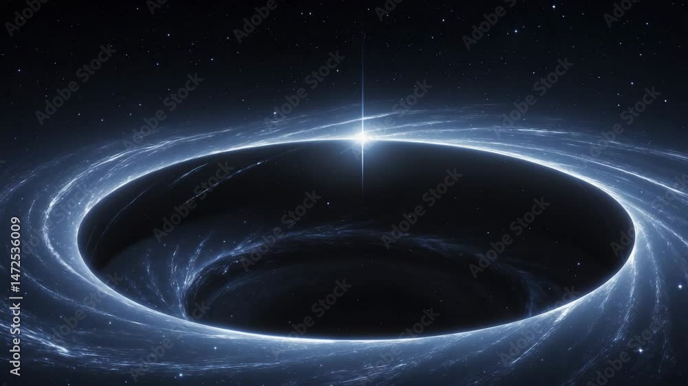 Poster dark star's event horizon: isolated black hole in deep space showing curvature of spacetime