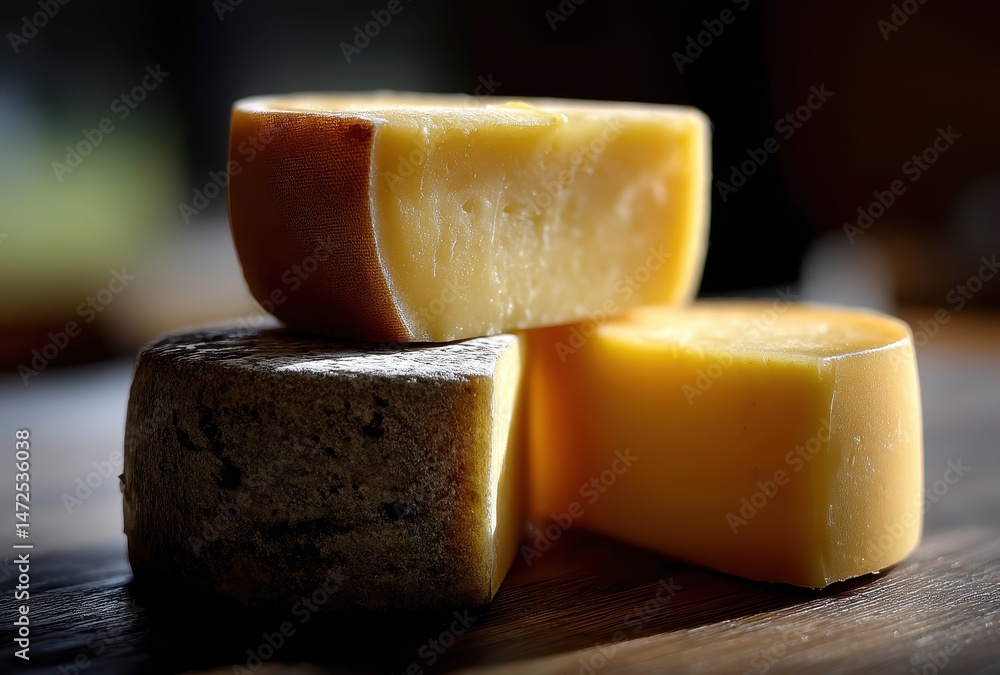 Poster close-up view of various artisan cheese blocks stacked on wooden surface with soft lighting highligh