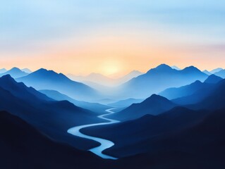 Fototapeta premium Blue mountain range with river flowing