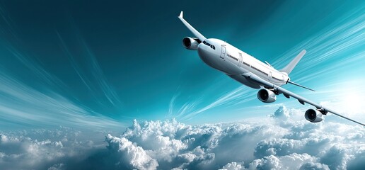 A commercial airliner soars over a thick layer of white clouds against a bright blue sky.