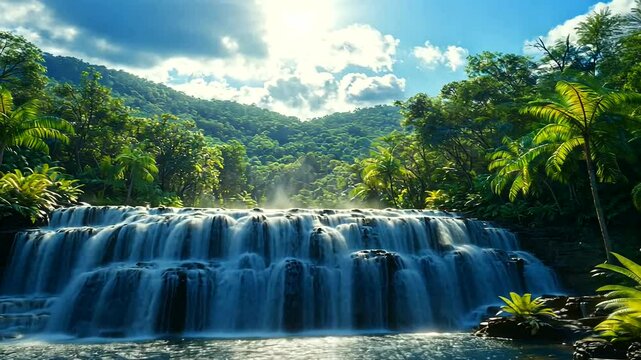 A wide, tiered waterfall tumbles through a sun-drenched tropical forest into a glistening pool under a bright cloudy sky