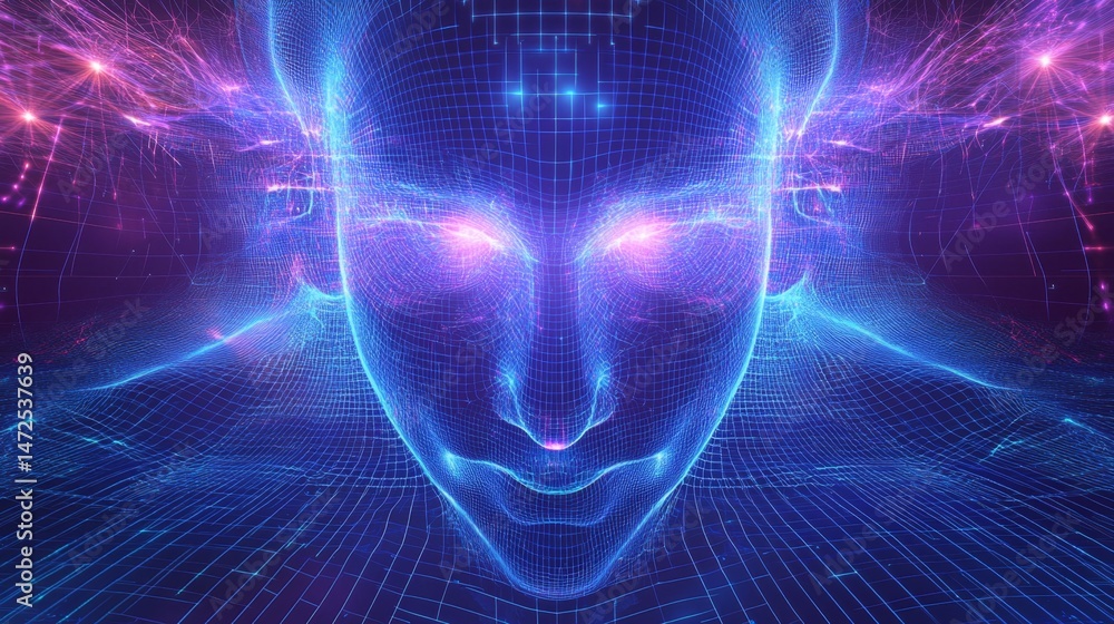 Poster digital human representation virtual universe 3d graphic futuristic environment close-up view ai con