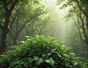 Fototapeta premium Tiny coffee plants reaching for sunlight, vivid green leaves, natural backdrop , growth, agriculture