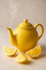 Hot lemon drink: photograph demonstrates a yellow teapot with steam and lemon slices, emphasizing the cozy atmosphere of tea drinking with a citrus aroma.