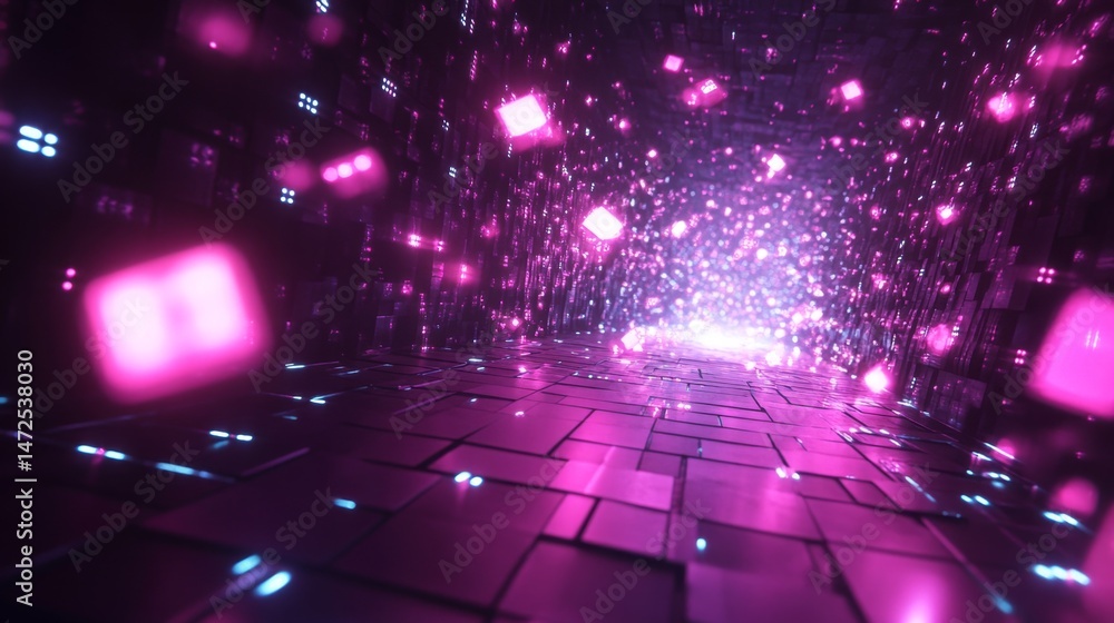 Poster dynamic light reflections virtual environment 3d graphics digital realm abstract perspective futuris