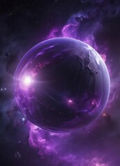 Fototapeta premium Ethereal orb glows, purple nebula swirls around it in deep space , astronomical, vibrant colors, cosmos