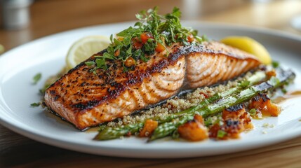 Pan-seared salmon with quinoa and asparagus
