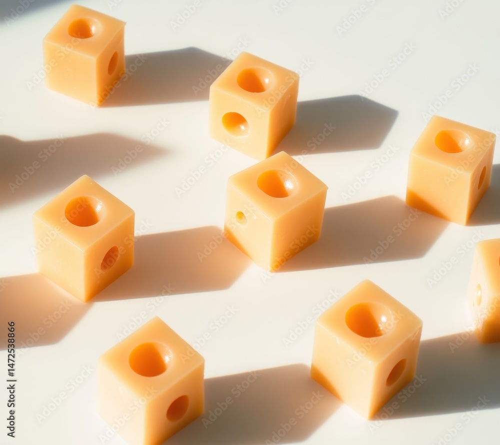 Aufkleber colorful cheese cubes with holes arranged on a light surface casting soft shadows, showcasing a play