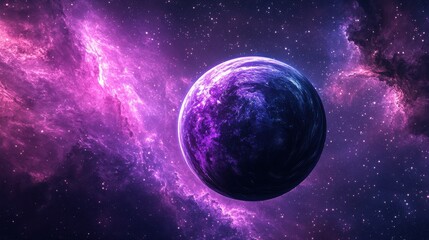 Vibrant Purple Planet Surrounded by Cosmic Nebula and Stars
