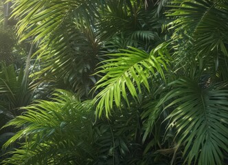Vibrant green palm fronds, sunlight dappled, lush texture, palm tree, paradise