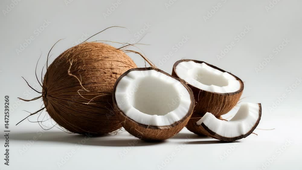 Poster isolated collection of coconuts. includes halves and slices.
