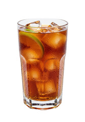 Tall glass filled with ice, cola, and a lime slice, with condensation droplets on the outside