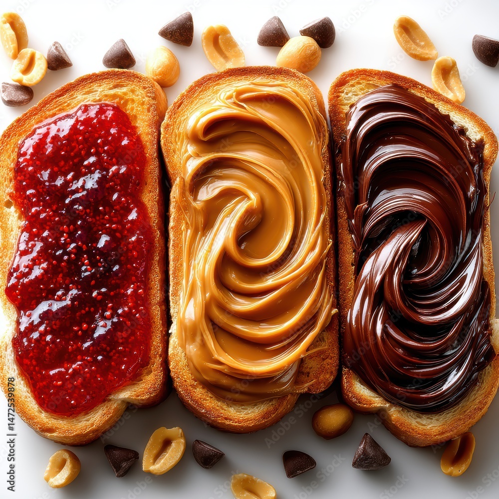Poster colorful spread collection on toast with raspberry jam, peanut butter, and chocolate hazelnut alluri