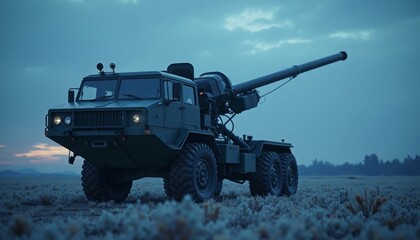 Fototapeta premium Military Vehicle with Cannon in Field