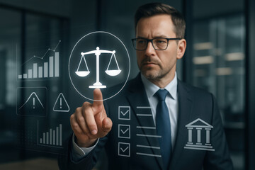 Legal Professional with Justice Icons - Digital Business Interface Concept