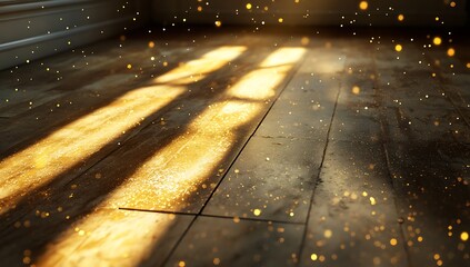 Sunbeams shining across old wooden floor dust particles with bokeh effect beautiful scene