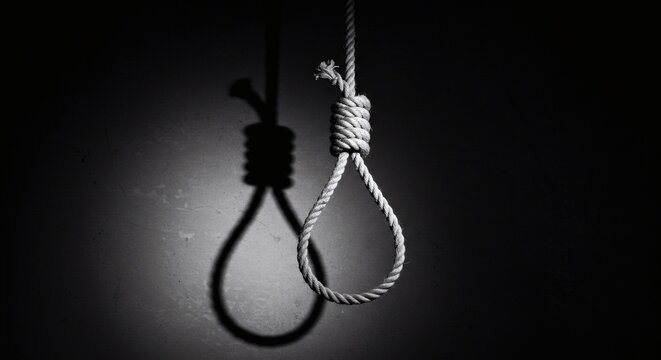 AI image of a hangman's noose casting a stark, ominous shadow on a grunge wall, symbolizing impending doom or deep despair.