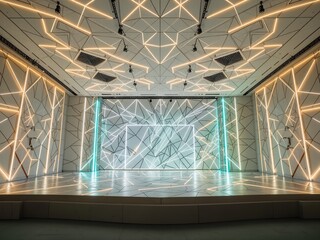 Stylish Stage Setting: Geometric Patterns & Neon Lights