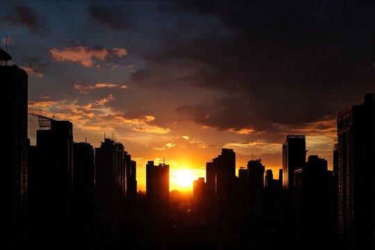 Dramatic sunrise over cityscape silhouette with orange clouds in dark sky