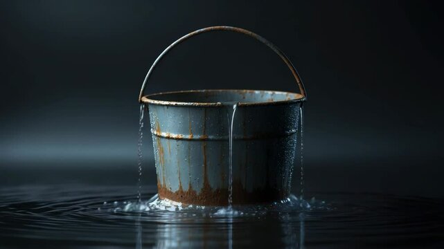Leaky bucket with water depicted on a black background