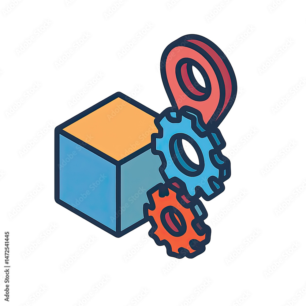 Poster isometric 3d cube with rotating gears and location pin illustrating process system or workflow