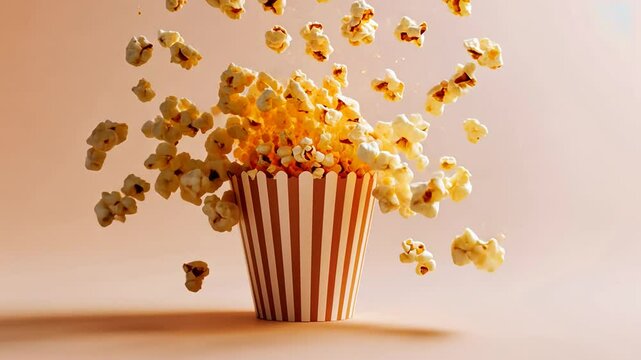 Delicious popcorn overflowing from striped container, perfect snack for movie nights