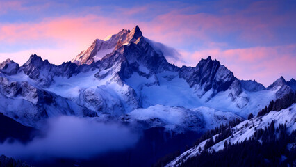 Majestic Snow-Covered Mountain Peaks at Sunset with Colorful Sky and Misty Clouds