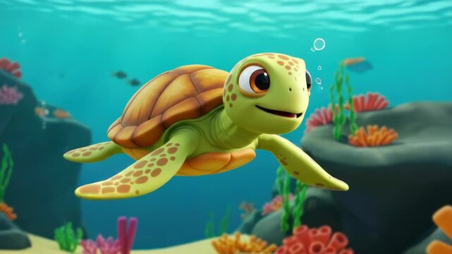 Cute cartoon turtle underwater landscape