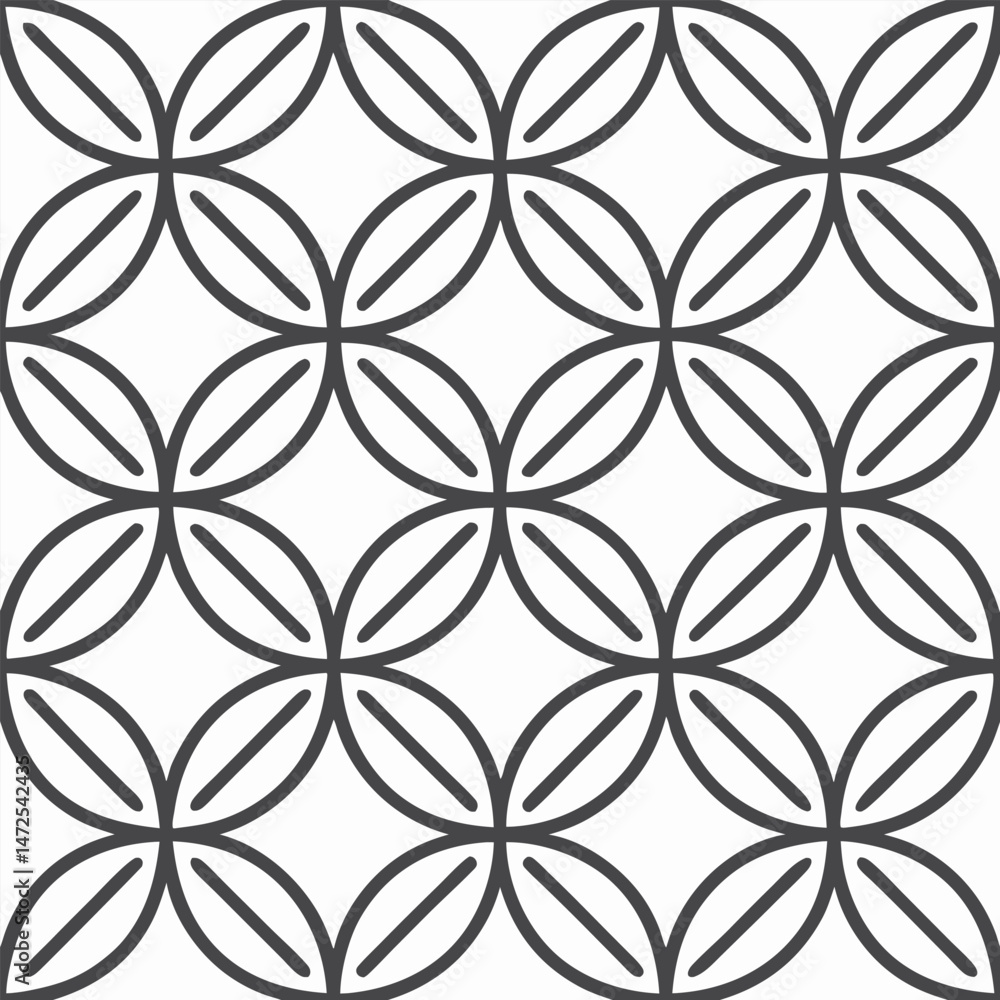 Poster seamless geometric pattern of intersecting circles with diagonal lines abstract.